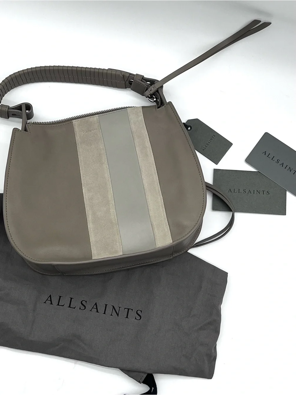 AllSaints Casey Lea Hobo Taupe Grey Leather Bag NWT MSRP $328 w/ Dust Bag